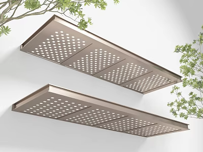 Two Metal Perforated Sunshades Mounted On White Wall With Green Plants 3d model