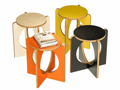Modern Colorful Stools With Round Seats And Geometric Wooden Legs Design 3d model