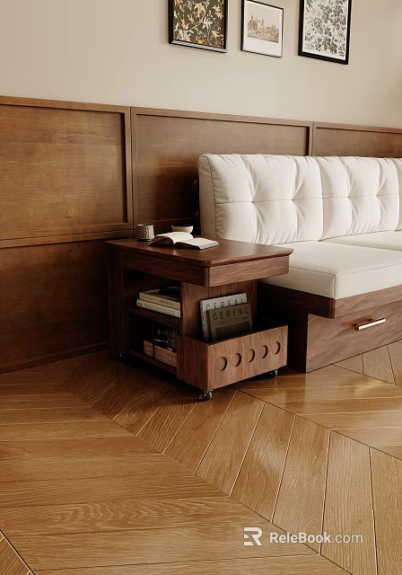 Modern Wooden Side Table with Storage Shelf and Books Next to White Sofa in Living Room 3d model 