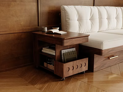 Modern Wooden Side Table with Storage Shelf and Books Next to White Sofa in Living Room 3d model