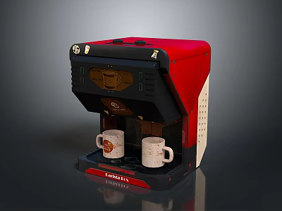 Stylish Red Coffee Machine With Two Coffee Mugs On Black Base 3d model