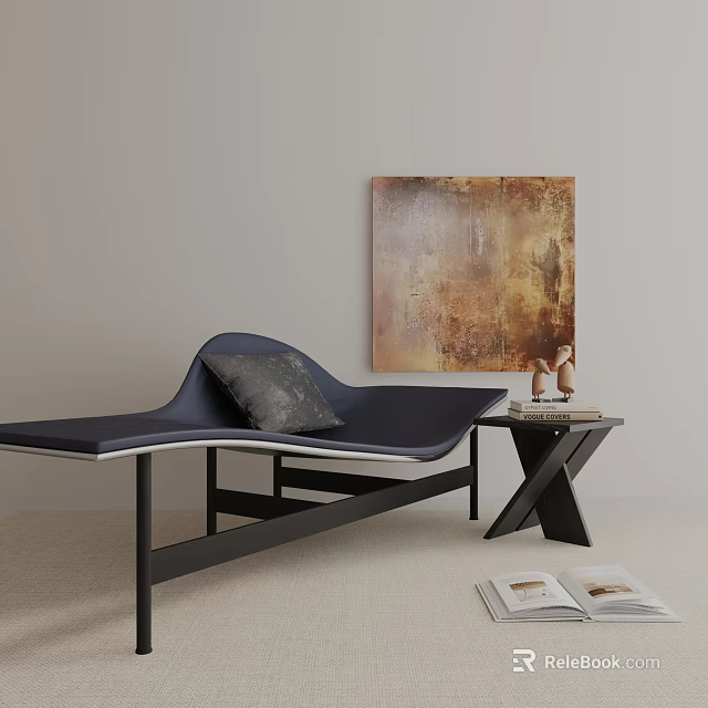 Stylish Navy Blue Lounge Chair With Black Frame Abstract Painting And Side Table Decor 3d model 