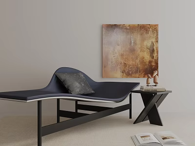 Stylish Navy Blue Lounge Chair With Black Frame Abstract Painting And Side Table Decor 3d model