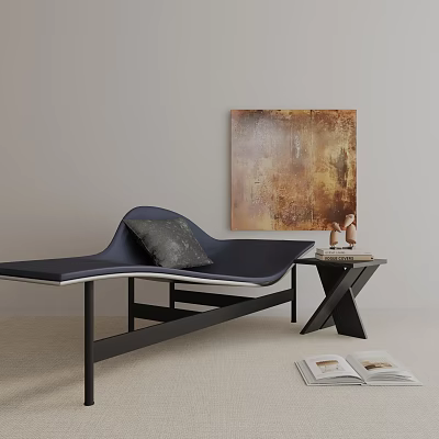 Stylish Navy Blue Lounge Chair With Black Frame Abstract Painting And Side Table Decor 3d model