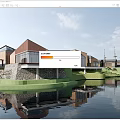Modern Waterfront Buildings Featuring Red Brick Wooden Structures Glass Windows Green Lawn And Water Reflection