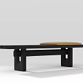 Modern Black Wooden Public Bench With Orange Cushion And Simple Design