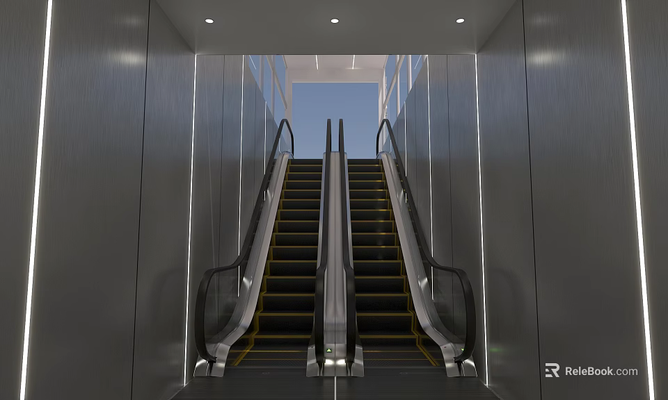 Modern Station Interior With Twin Escalators Gray Walls And Ceiling Lights 3d model 