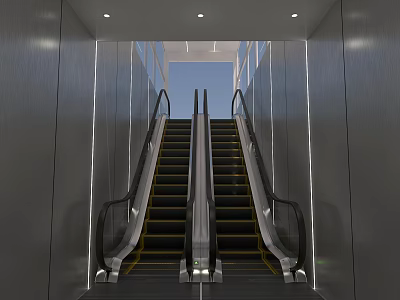 Modern Station Interior With Twin Escalators Gray Walls And Ceiling Lights 3d model