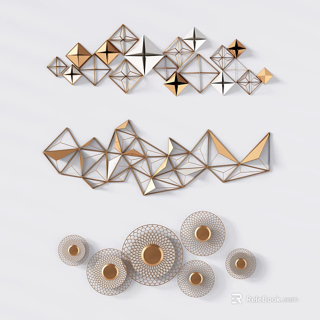 Modern Geometric Metal Wall Decor With Gold Silver Abstract Shapes Design 3d model 
