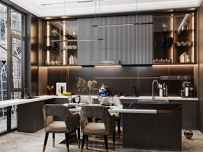 Modern Kitchen Interior Design With Island Counter Cabinets Hanging Lights And Dining Chairs 3d model