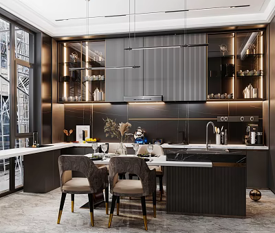 Modern Kitchen Interior Design With Island Counter Cabinets Hanging Lights And Dining Chairs 3d model
