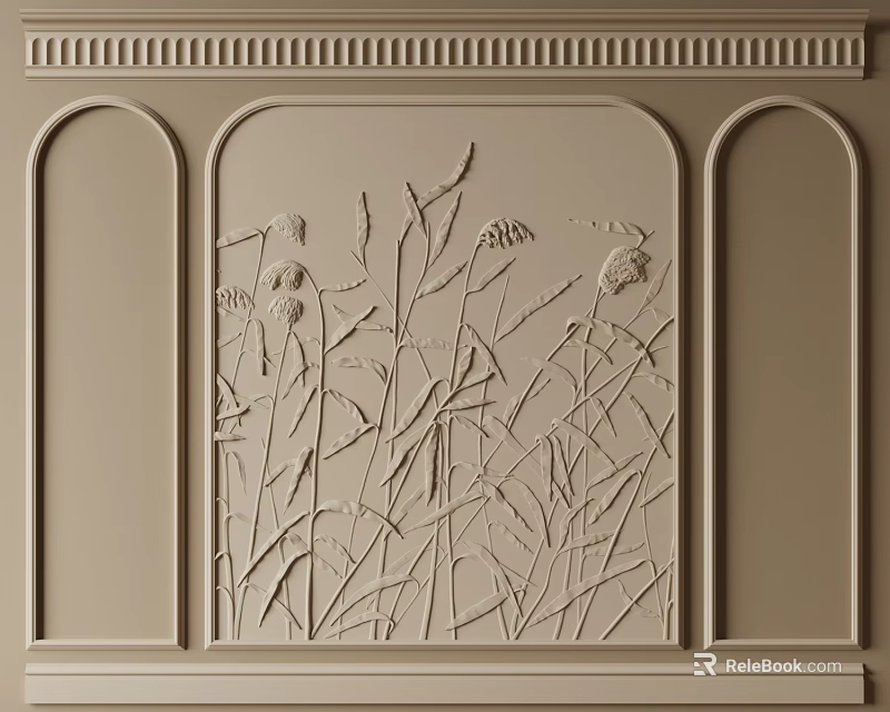 Detailed Gypsum Cornice Wall Decor With Plant Relief And Arch Frames 3d model 