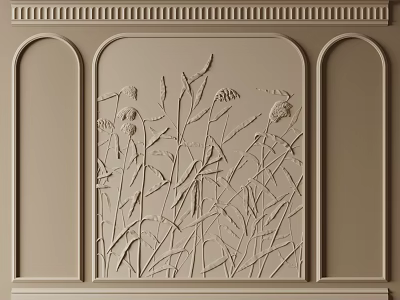 Detailed Gypsum Cornice Wall Decor With Plant Relief And Arch Frames 3d model