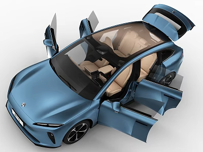 Blue Modern Car With Open Doors And Spacious Beige Leather Interior 3d model