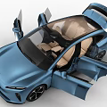 Blue Modern Car With Open Doors And Spacious Beige Leather Interior 3d model