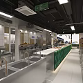 Commercial Kitchen Interior With Stainless Steel Shelves Green Decoration Spice Jars And Menu Board