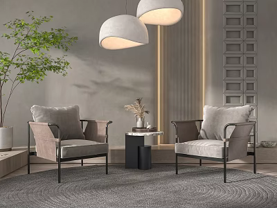 Casual Sofa Set With Two Gray Upholstered Chairs Side Table Green Plant And Pendant Lights 3d model