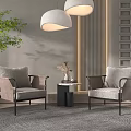 Casual Sofa Set With Two Gray Upholstered Chairs Side Table Green Plant And Pendant Lights