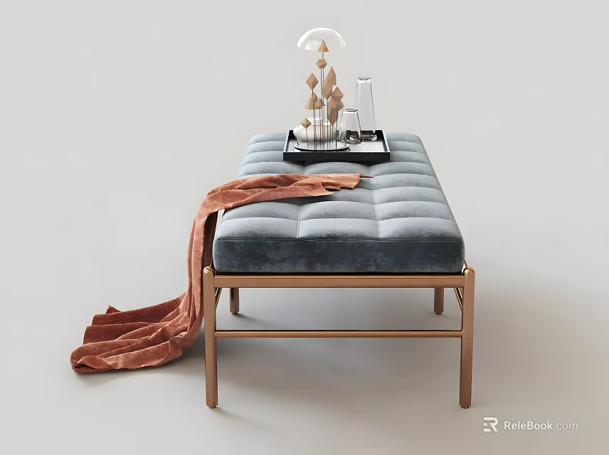 Gray Velvet Sofa Bench With Golden Metal Legs Decorative Tray And Orange Draped Blanket 3d model 