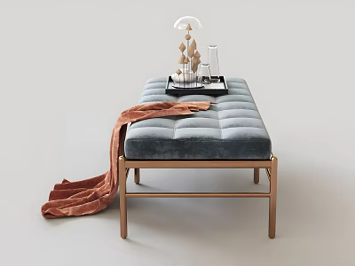 Gray Velvet Sofa Bench With Golden Metal Legs Decorative Tray And Orange Draped Blanket 3d model