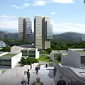 Modern High Rise Office Buildings With Lush Greenery And People Walking Around Open Plazas