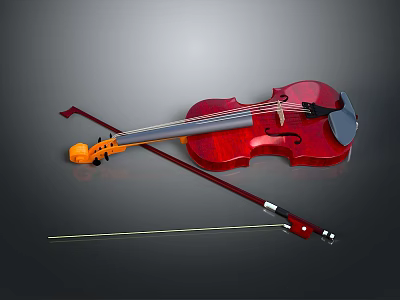 Red Wooden Violin With Bow As Home Decorative Living Accessory For Interior 3d model