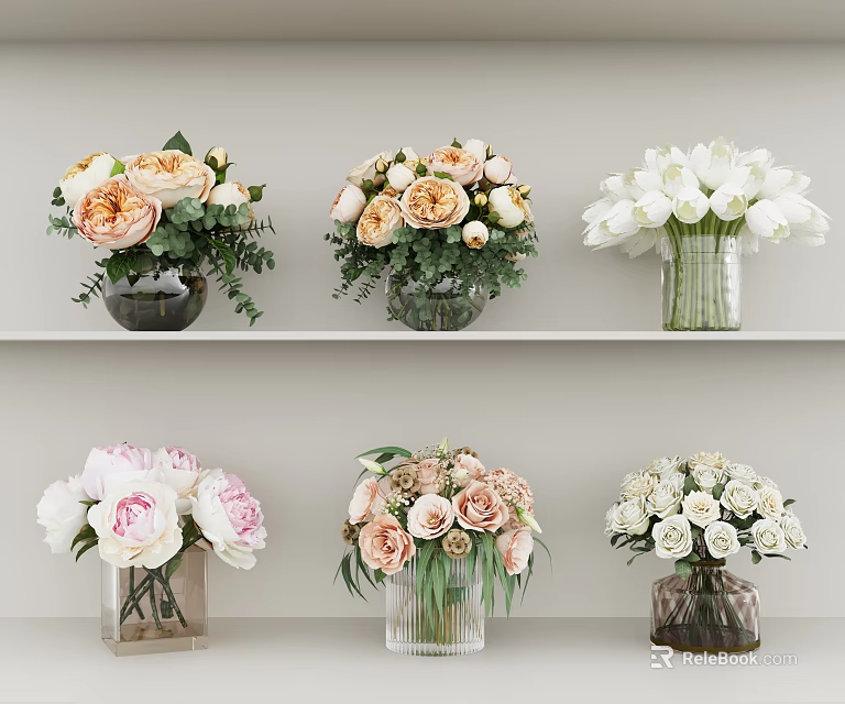 Elegant Flower Arrangements In Vases With Pink White Peonies Roses And Green Leaves On Shelves 3d model 
