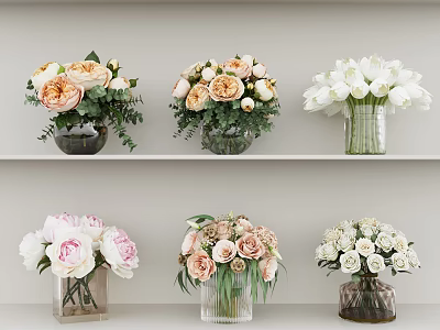 Elegant Flower Arrangements In Vases With Pink White Peonies Roses And Green Leaves On Shelves 3d model