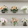 Elegant Flower Arrangements In Vases With Pink White Peonies Roses And Green Leaves On Shelves