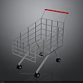 White Metal Shopping Cart With Red Handle And Four Black Wheels Wire Frame Structure