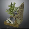 Miniature Rocky Cliff Landscape With Small House Green Trees And Flowing Stream
