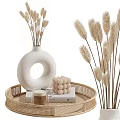 Modern Decorative Ornament Combination With White Circular Vase Bulb Candle Wicker Tray Pampas Grass And Books