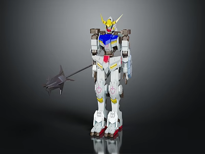 Detailed Mechanical Robot Figure With Yellow Blue White Armor Holding Spear Weapon Standing Pose 3d model