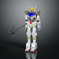 Detailed Mechanical Robot Figure With Yellow Blue White Armor Holding Spear Weapon Standing Pose