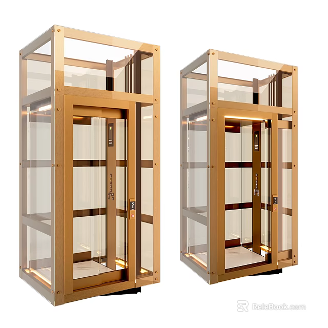 Elegant Modern Elevator Interior Design With Glass Panels And Golden Frame 3d model