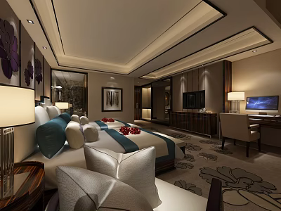 Luxury Modern Hotel Guest Room With King Bed Plush Pillows And Decorative Paintings 3d model