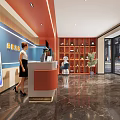 Modern Hotel Lobby Design With Orange White Reception Desk Service Robot And Blue Accent Wall