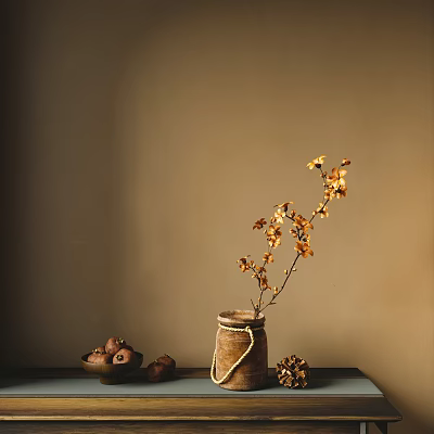 Terracotta Vase With Yellow Flower Branches On Table Against Brown Background 3d model