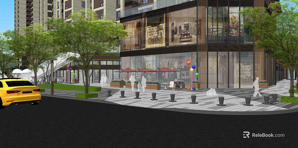 Modern Commercial Landscape Featuring Glass Building Outdoor Plaza Green Trees Tables And Balloons 3d model 