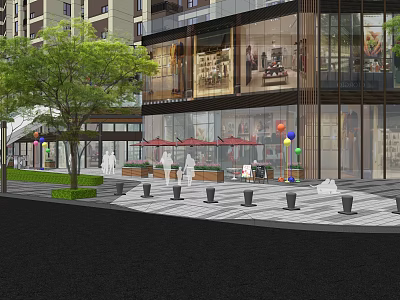 Modern Commercial Landscape Featuring Glass Building Outdoor Plaza Green Trees Tables And Balloons 3d model