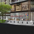 Modern Commercial Landscape Featuring Glass Building Outdoor Plaza Green Trees Tables And Balloons