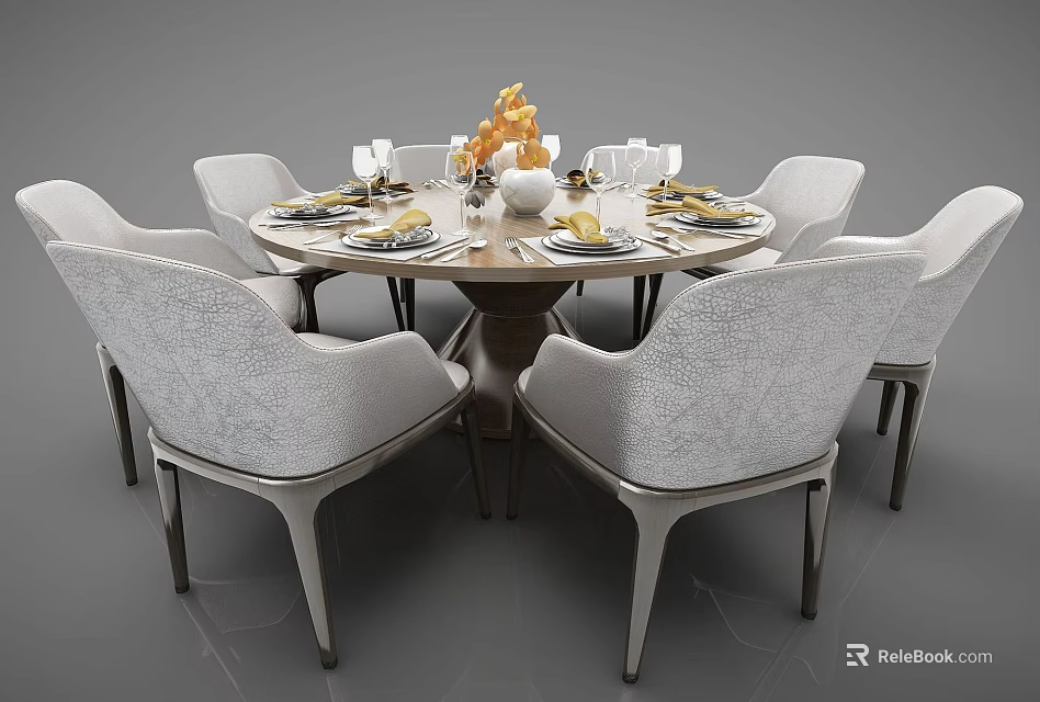 Elegant Modern Dining Table With Chairs Tableware Wine Glasses And Golden Decor 3d model 