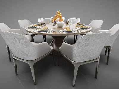 Elegant Modern Dining Table With Chairs Tableware Wine Glasses And Golden Decor 3d model