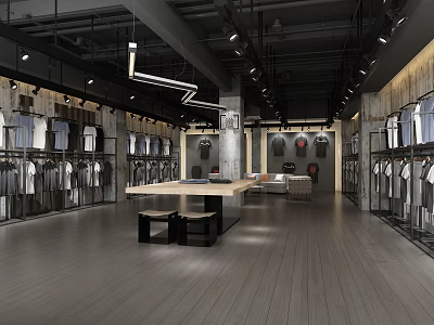Modern Industrial Clothing Store Interior With Metal Racks Displayed Apparel And Wooden Table 3d model