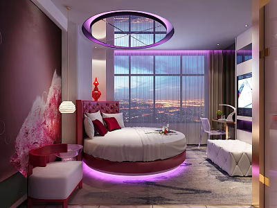 Modern Hotel Guest Room With Circular Bed Purple Lighting And City Night View 3d model