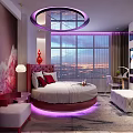Modern Hotel Guest Room With Circular Bed Purple Lighting And City Night View