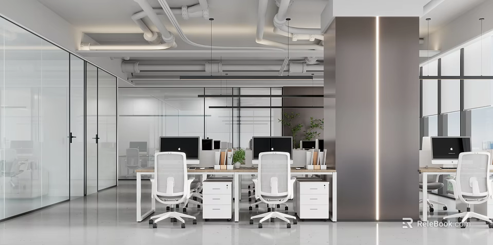 Modern Public Office Space With Workstations Computer Monitors Ergonomic Chairs And Green Plants 3d model 
