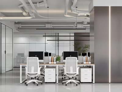 Modern Public Office Space With Workstations Computer Monitors Ergonomic Chairs And Green Plants 3d model