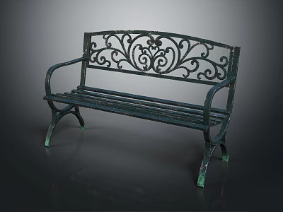Green Metal Outdoor Bench Featuring Ornate Scrollwork Backrest and Classic Design 3d model