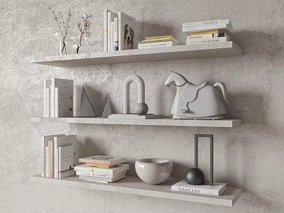 Minimalist Decorative Ornament Set On Gray Shelves With Books Horse Figurine Geometric Vase And Sphere 3d model
